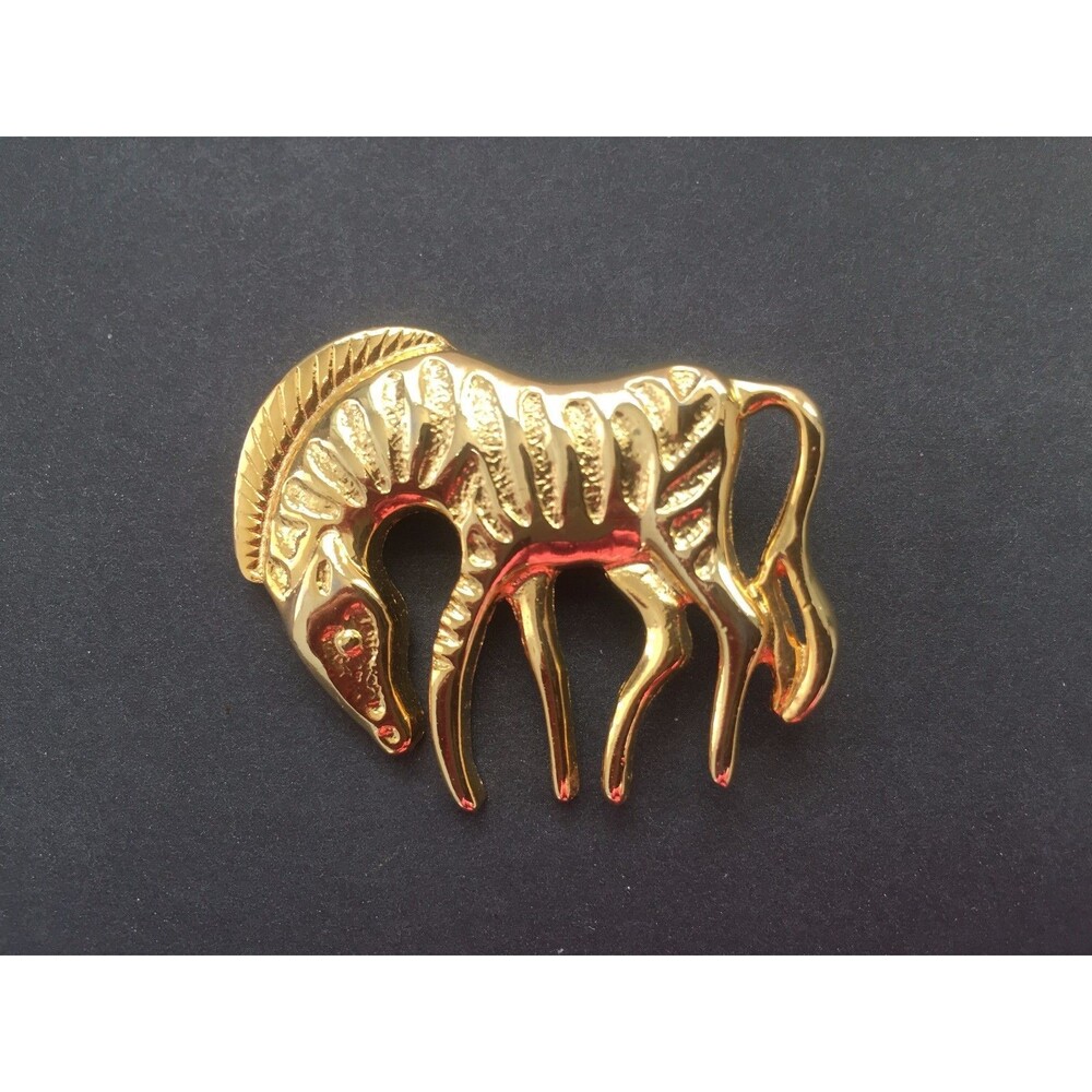 Vintage African Zebra Horse Brooch Pin Textured Gold Tone
